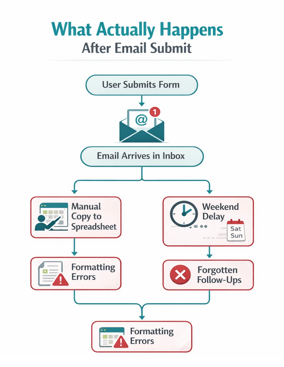 Detailing a broken workflow for a submitted form. User submits form, email reaches inbox, manual spreadsheet entries, formatting errors, and delays.