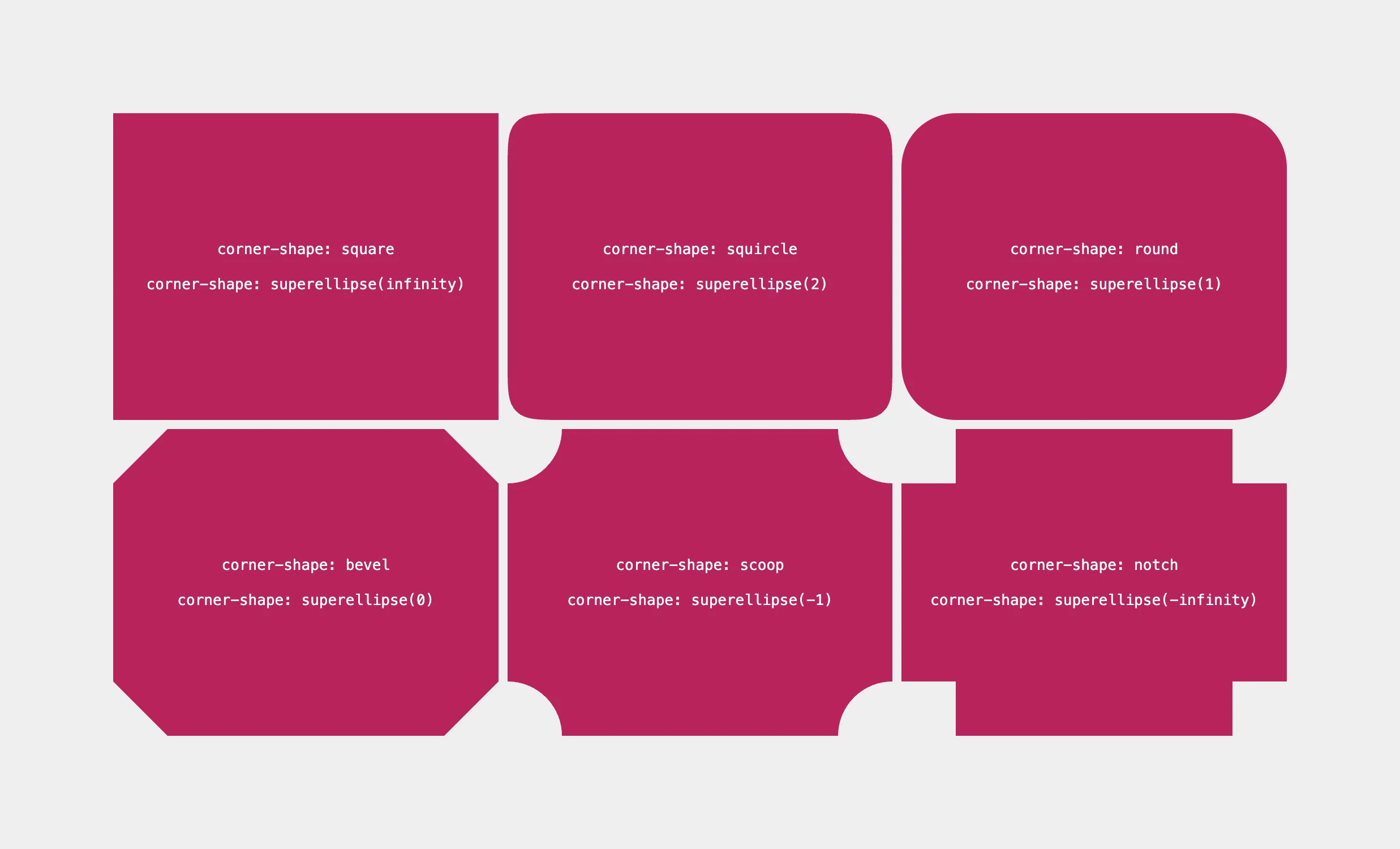 Showing the same magenta-colored rectangle with the six difference CSS corner-shape property values applied to it in a three-by-three grid.